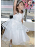 Beaded White 3D Flowers Tulle Tiered Flower Girl Dress